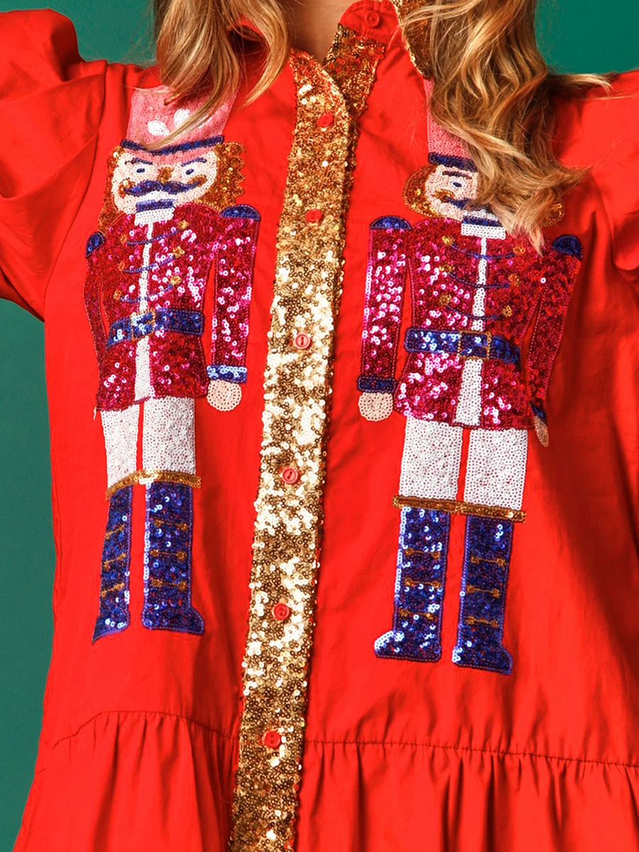 Women’s Sequin Christmas Outfit Holiday Nutcracker Sequin Tiered Dress Sweatshirt Merry Christmas Mini Shirt Dress