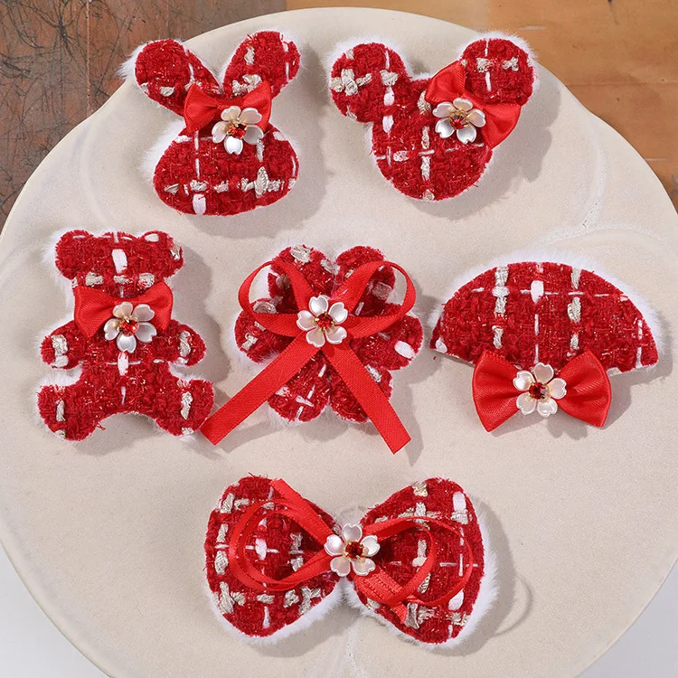 

6pcs/set Christmas New Year Bow Bear Bunny Patches for DIY Children's Clothing Hat Shoes Hair Decor Materia Accessories