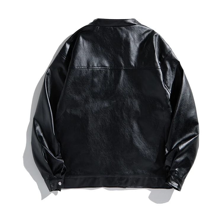 

Retro American Sle Men's Biker Jaet Loose Fit PU Leather Coat with Zipper Stand Collar Bla Trendy Brand Haome Outerwear