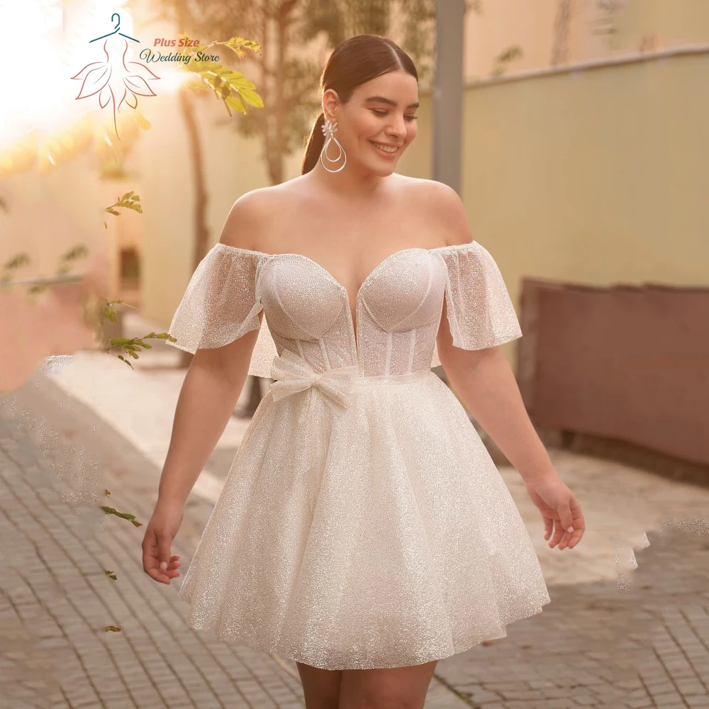 

Sparkly Off Shoulder Short Wedding Dresses Plus Size Sweetheart A-Line Bride Gowns Bow Above Knee Length Tulle Vestidos De Novia