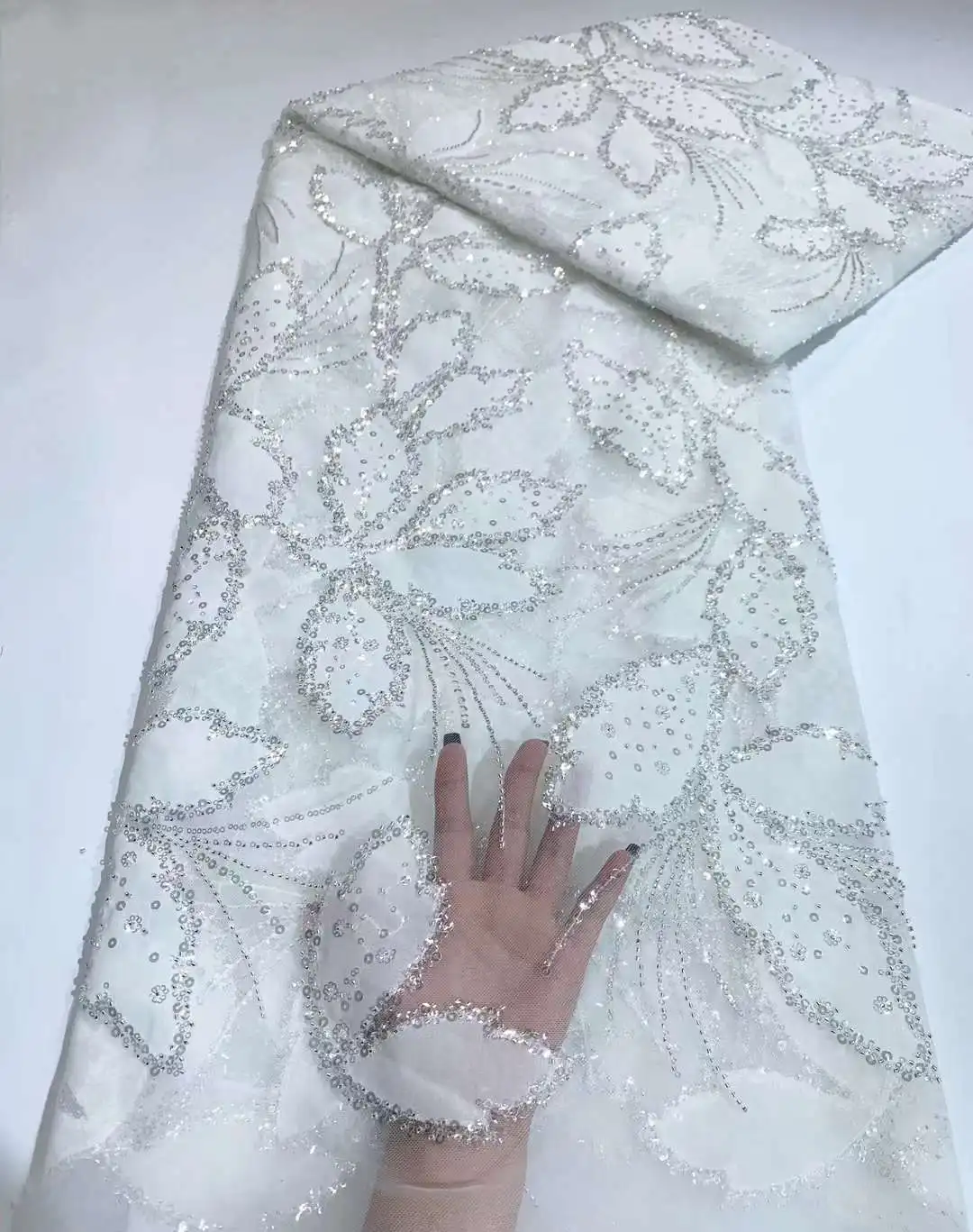 White Top Selling Handmade Beads Shinny  Embroidery French Tulle Lace Fabric Nigerian Heavy Beads Lace Fabric For Wedding Party