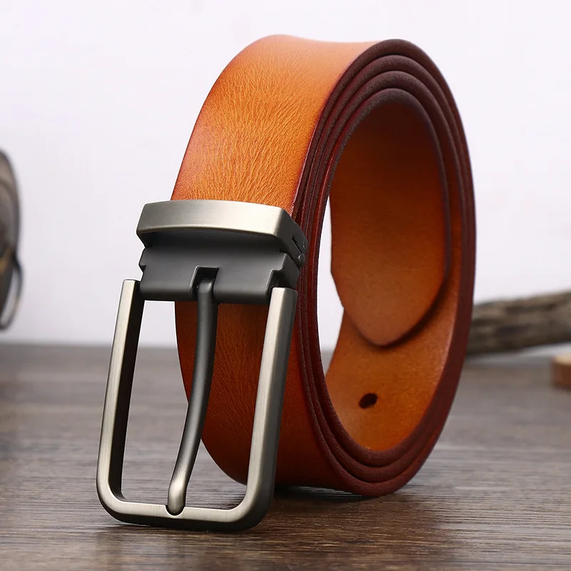 حزام رجالي من الجلد الأصلي كاجوال متعدد الاستخدامات مصنوع من خليط معدني بإبزيم على شكل دبوس وطبقة رأس وحزام جينز من جلد البقر