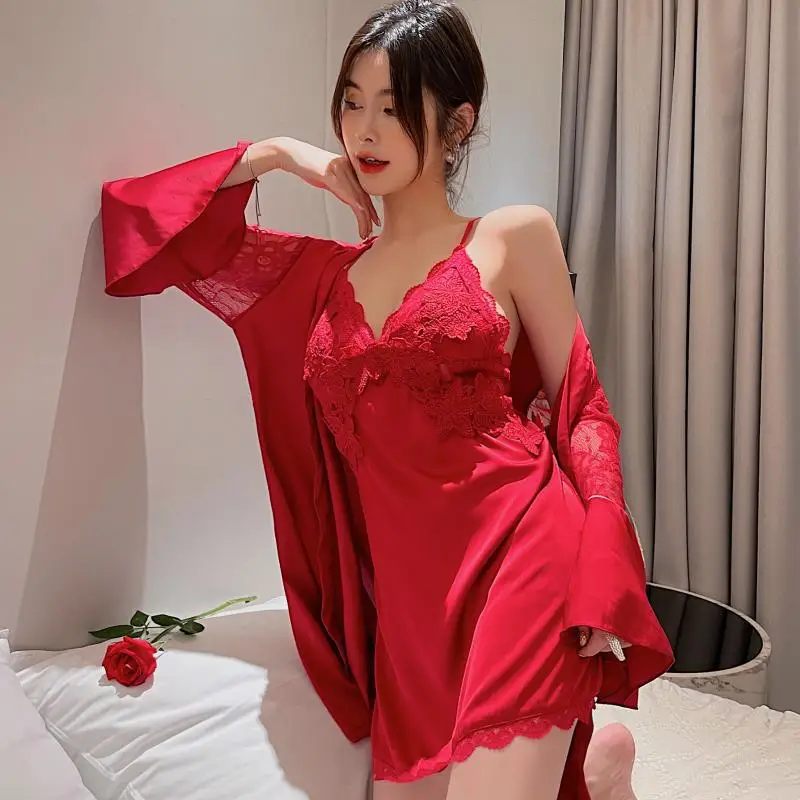 Summer Female 2PCS Bathrobe Gown Set Lace Hollow Out Nightgown Sleepwear Robe Nightwear Women Satin Kimono Sleep Suit Loungewear