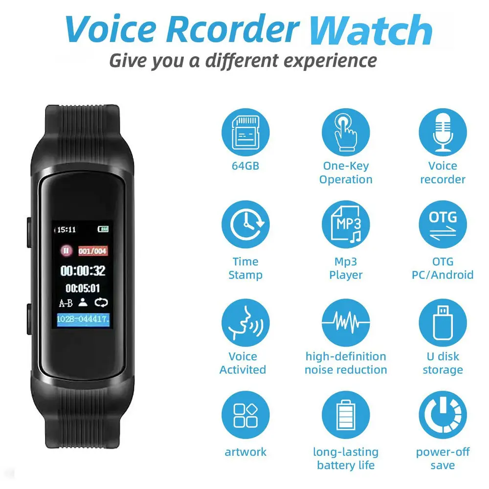 Vandlion Digital Voice Recorder 32G 64G 128GB Wrist Watch 192kbps Audio Recording Dictaphone OLED Screen MP3 Player for Business