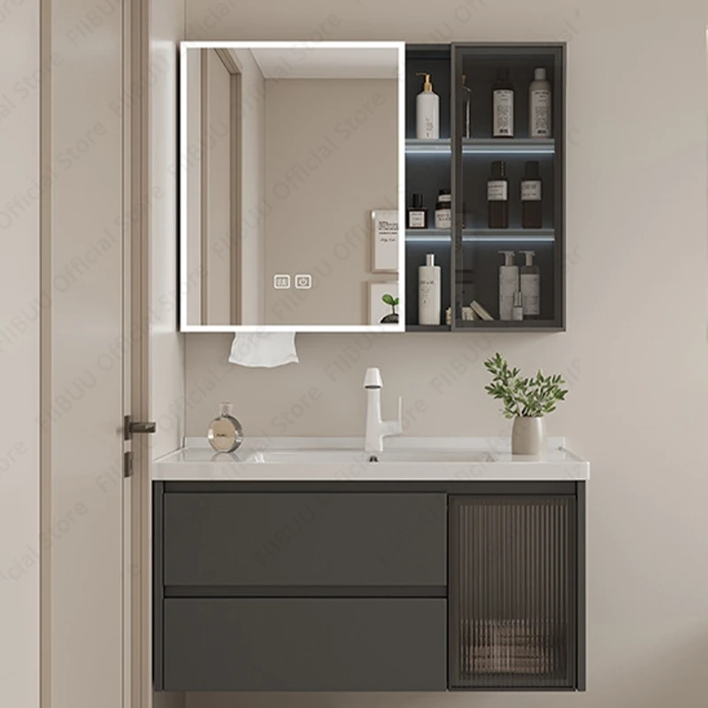 

Modern Luxury Wall Mounted Bathroom Vanity Set with Integrated Sink Basin Defog Smart Mirror Cabinet Combo for Bathroom Storage