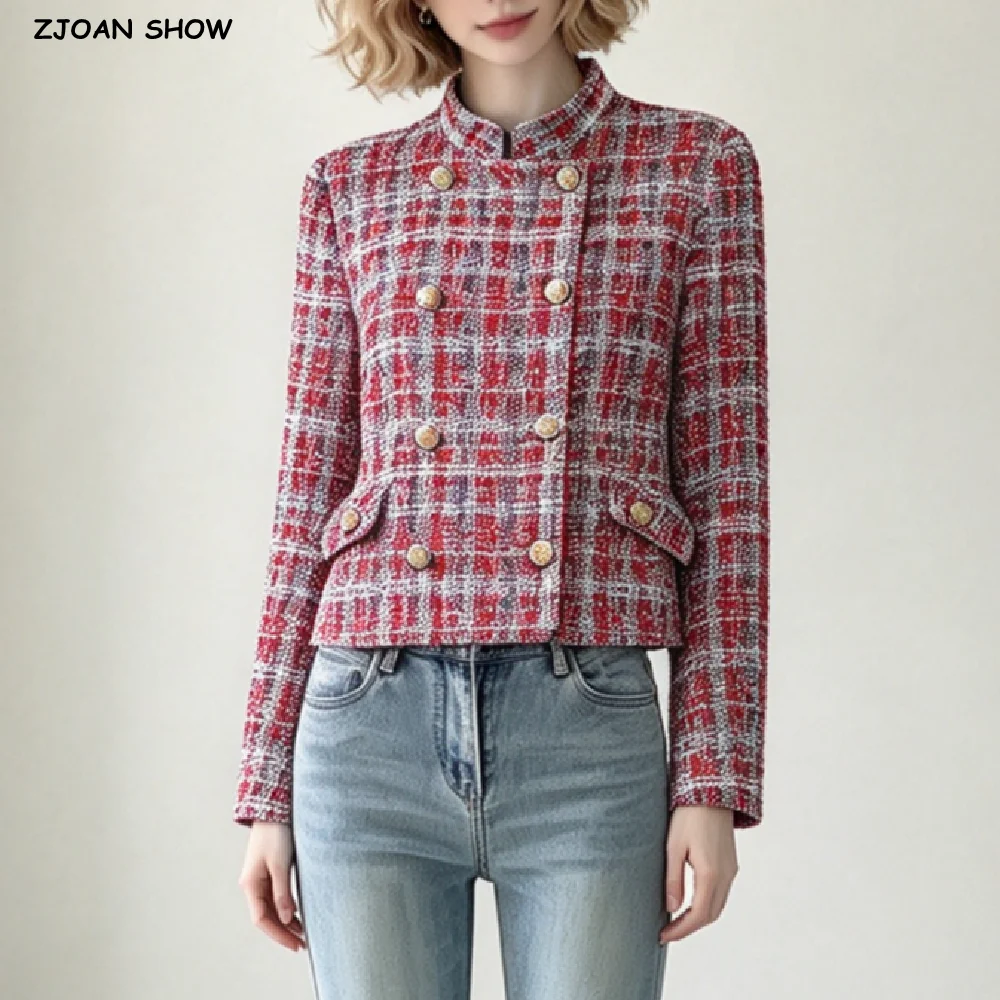CHIC Autumn Women Red Plaid Tweed Blazer Stand Collar Double-breasted Metal Buttons Hem Slit Suit Long Sleeve Short Coat Outwear