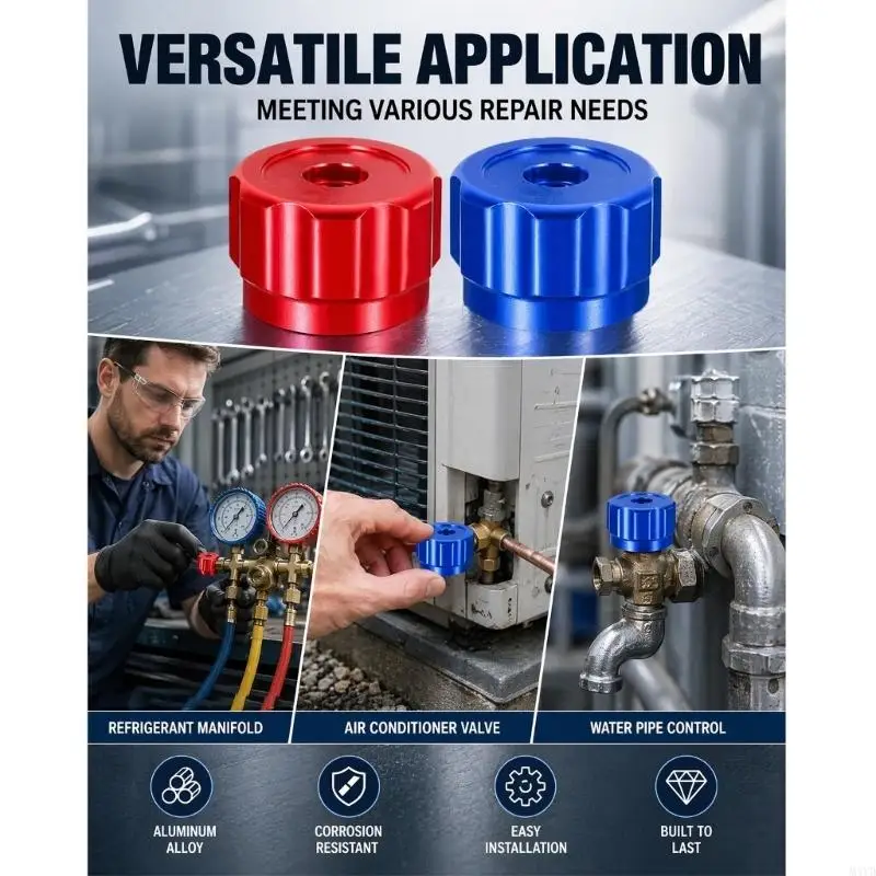 Manifold Gauge Valves Knob Replacement Set, 2Pcs HVAC Control Knobs, Red Blue Aluminum Alloy Grip Design, 0.26 X 0.26 In M4YD
