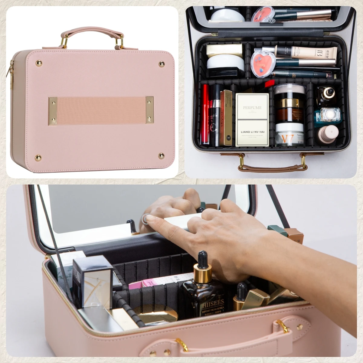 Bolsa de maquillaje de viaje con espejo iluminado con LED, estuche de tren de maquillaje, estuche de cosméticos, caja de herramientas de maquillaje