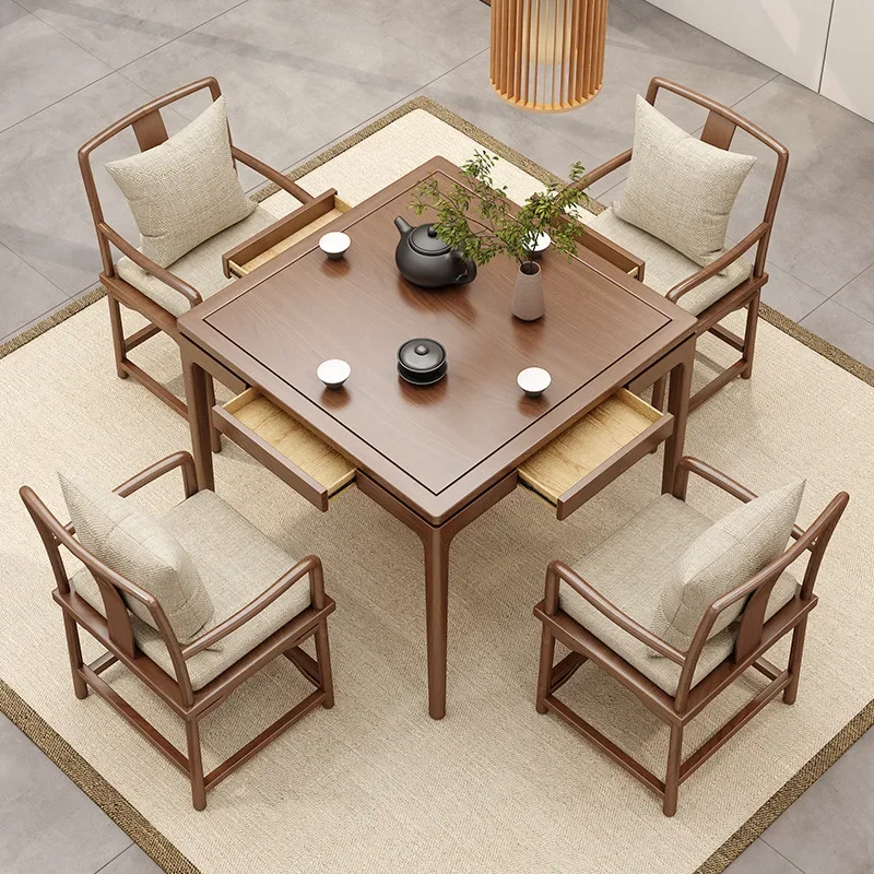 Mahjong table, dining table and chair combination, Eight Immortals table, solid wood teahouse, tea table, chess and card table