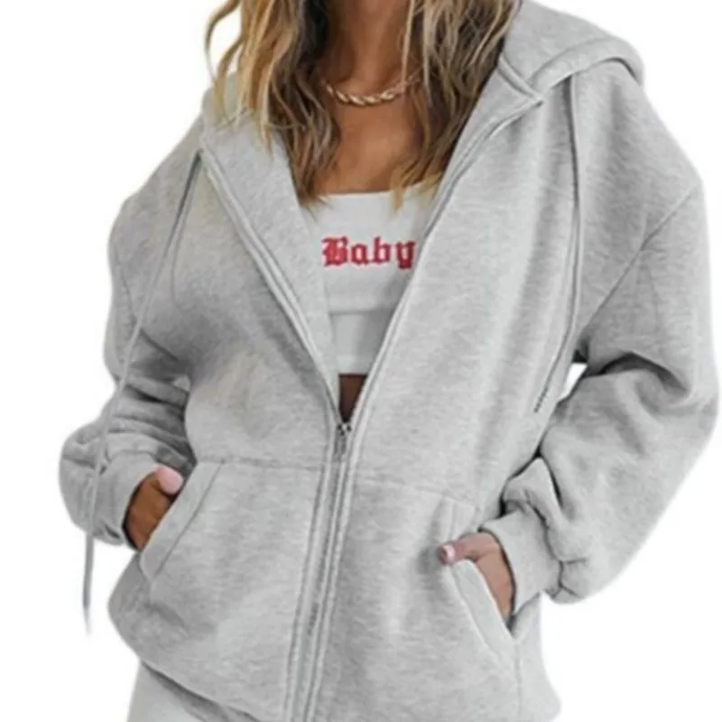 Women Fashion Solid Grey Hoodies Elegant Long Sleeve Zipper Drawstring Sweatshirt Casual Commute Holiday Pocket Hooded jackets