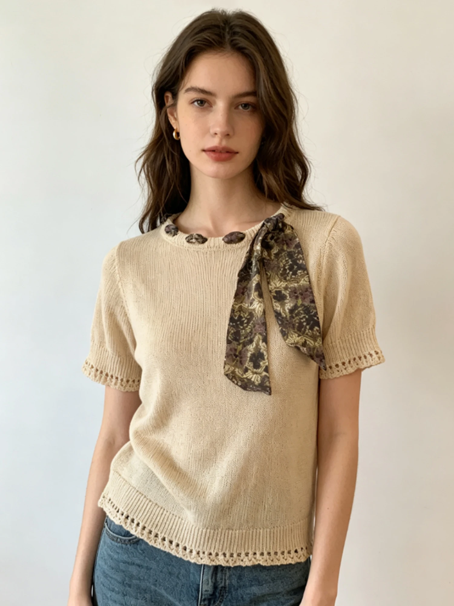 Women's Khaki T-shirt Short Sleeve Knit Tee Top Elegant Vintage Y2K Gyaru T-shirt Korean Style Loose O-Neck Top for Women Summer