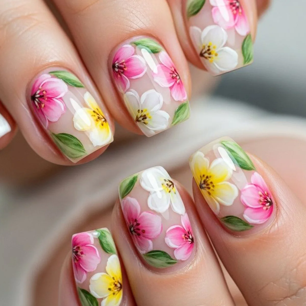 

24pcs Short Square Fake Nails Tips Spring Summer Colorful Flower Pattern Stick on False Nail Art Ballet Wearable Press on Nails