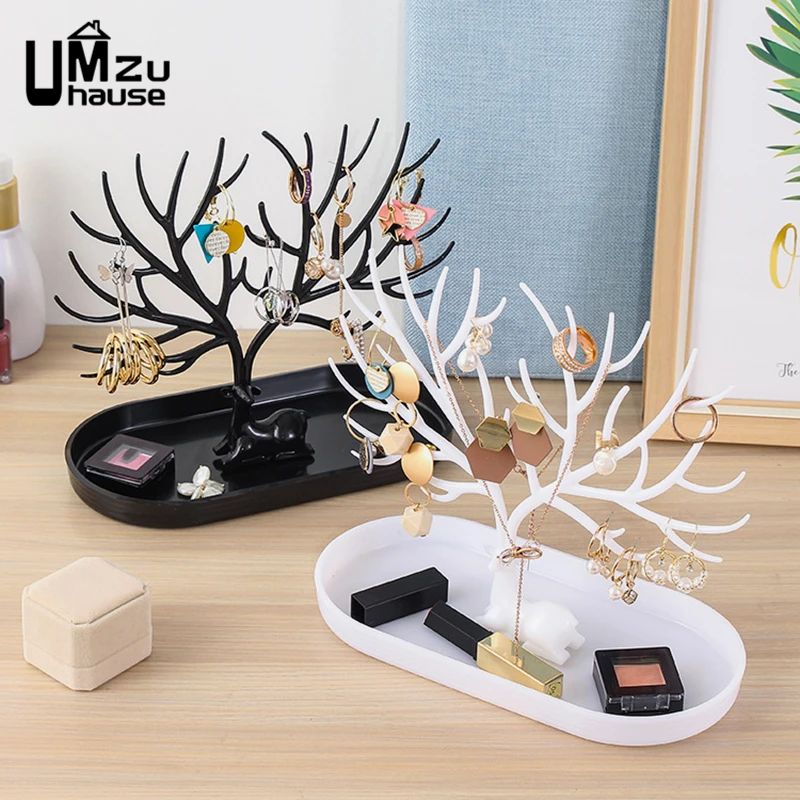 Earring Necklace Holder Ring Stud Bracelet Jewelry Display Stand Creative Deer Tree Branch Rack Key Storage Organizer with Tray