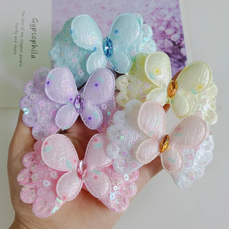 Dupla camada Lantejoula Borboleta Rhinestone Bow Acessórios, DIY Kids Hair Clothes Decoration, New Arrival, 10Pcs