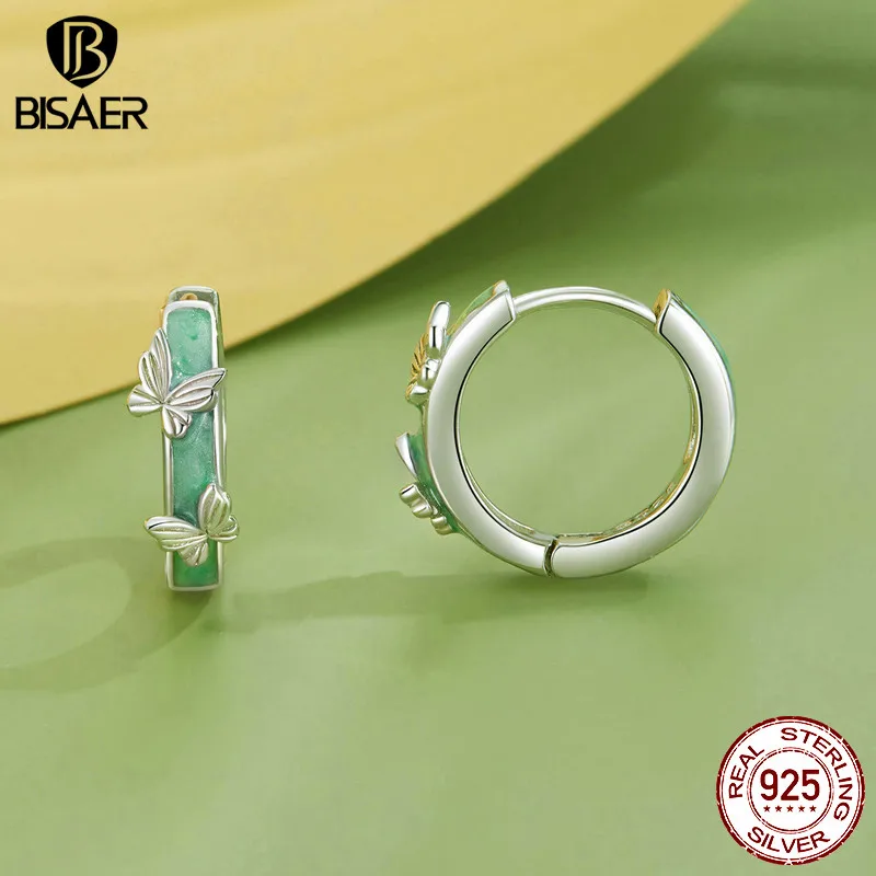 BISAER 925 Sterling Silver Green Butterfly Hoop Earrings Enamel Process Plated Platinum Fine Jewelry For Women Party Gift EFE935