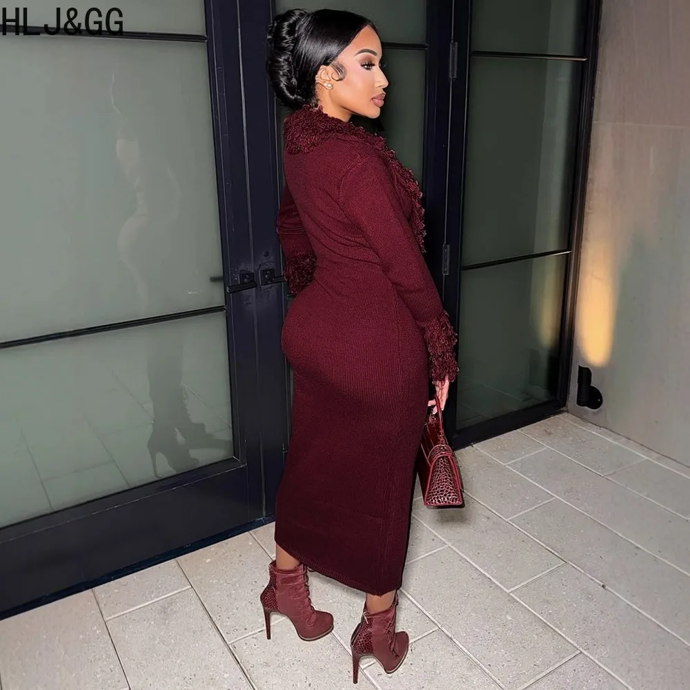 HLJ & GG النبيذ الأحمر مثير العميق الخامس محبوك شرابة Bodycon فستان طويل المرأة كم طويل سليم فيستدوس موضة فستان الصلبة الشارع الشهير