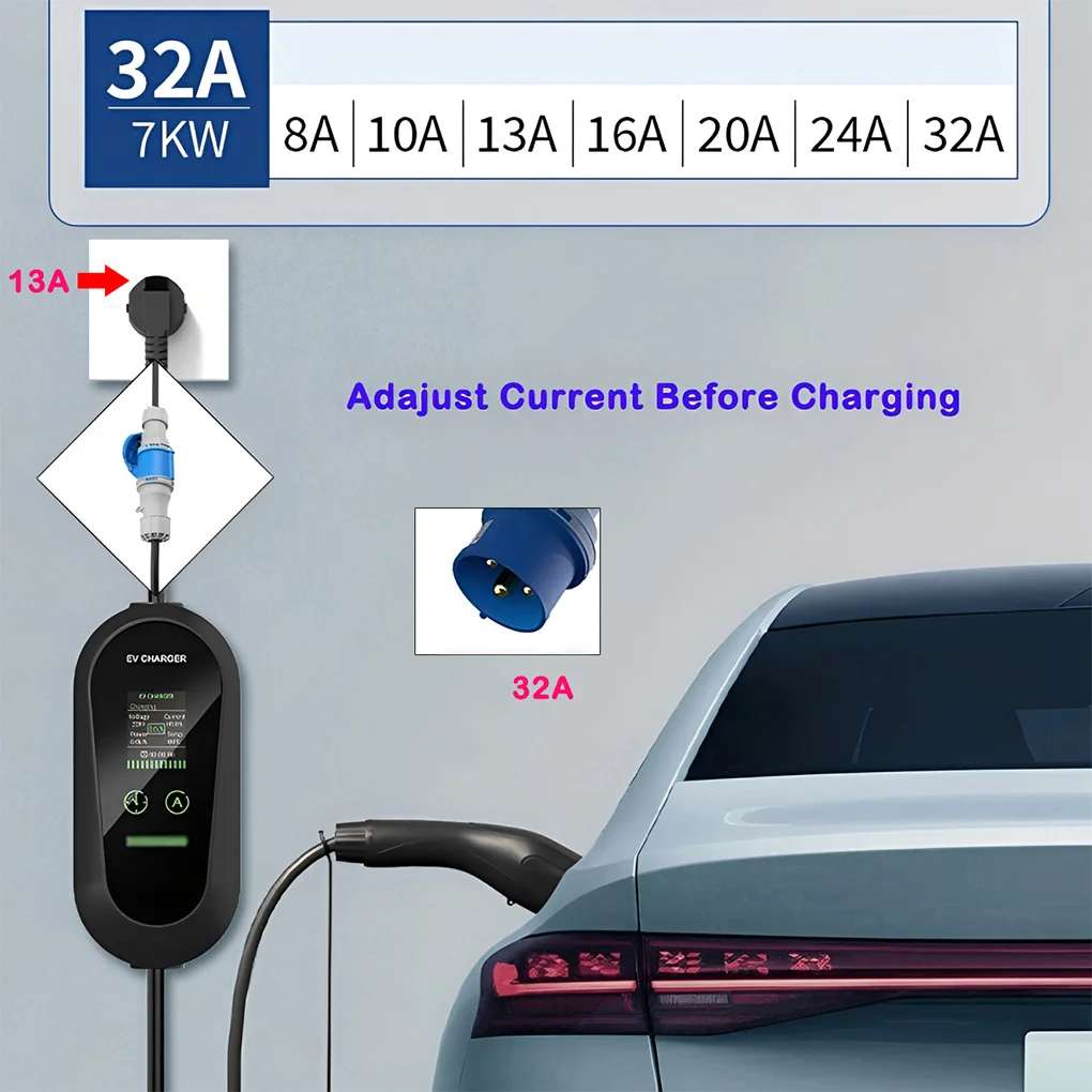 Портативное зарядное устройство для электромобилей Type2 7 кВт, 32 А, 5 м, 3-контактное автомобильное зарядное устройство EVSE, разъем CEE для электромобиля, кабельный адаптер 13 А, Великобритания