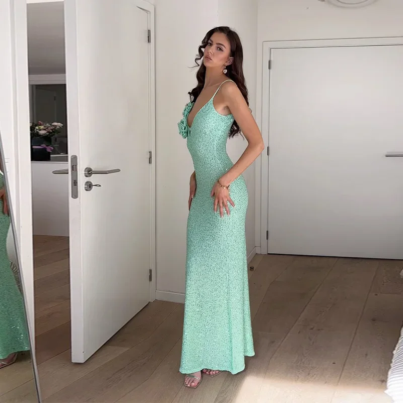 Mulher lantejoulas vestidos de flores feminino sexy decote em v deslizamento flash vestido fino fishtail vestido verão férias praia longo