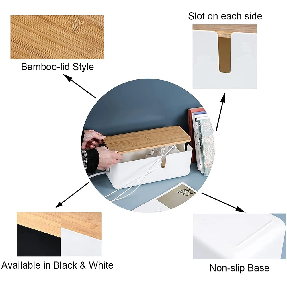 Cable Management Box with Bamboo Lid Small Cable Organizer Box for Extension Cord Power Stripe Surge