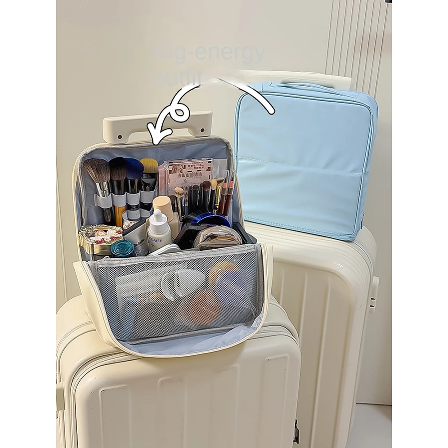 Stylish multi-layer vertical makeup bag with large capacity, portable for travel toiletries, brushes, and as a pencil case.