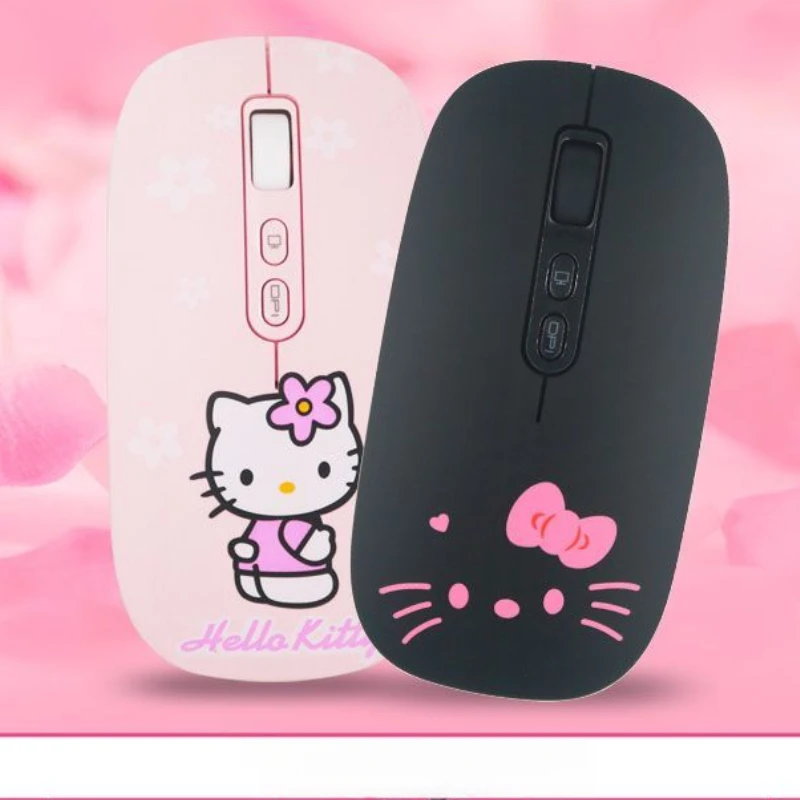 Kawaii sanrio olá kitty portátil dos desenhos animados sem fio bluetooth recarregável mouse bonito fino botão mudo mouse presente especial