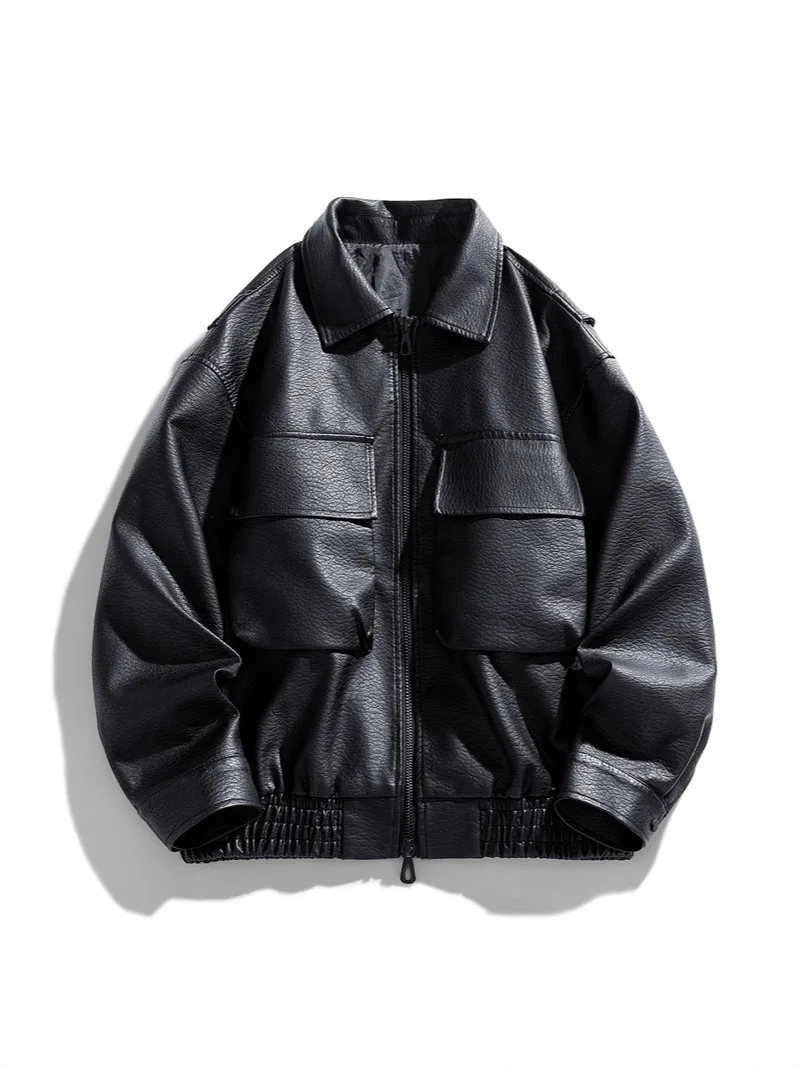

Autumn Men Leather Jacket Motorcycle Punk Pocket Man Cargo Coat Turn Down Collar Zipper Long Sleeve Loose Outerwear For Male