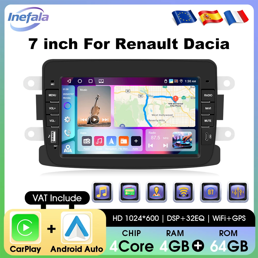 Podofo 2 Din 7" Android Autoradio 4G+64G für Renault Dacia Sandero Duster, Multimedia-Player mit GPS-Navigation, WLAN, kabellosem CarPlay, Android Auto, BT, FM, RDS, intelligentes Autosystem