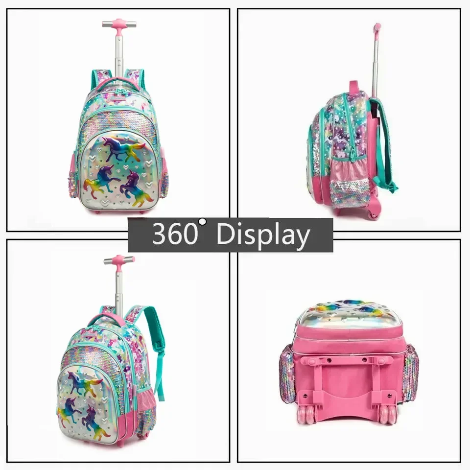 Children\'s School Backpack with Wheels School Bag for Elementary Student Girls Sequin Backpack Travel Luggage Trolley Bags