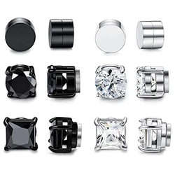 1 Pairs/6 Pairs Of Magnetic Stud Earrings Men And Women Black CZ Magnet Non-piercing Clip Earring Set Round Black Steel