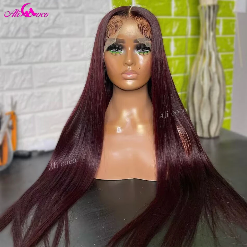 Dark Burgundy Colored Straight Human Hair Wigs 13x4 Lace Front Wigs Pre-Plucked Natural Hairline 13x6 Lace Frontal Wig 180