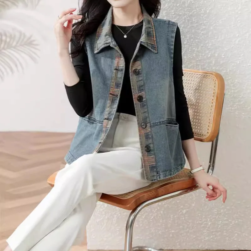 

Женский повседневный джинсовый жилет, весенне-осенний свободный лоскутный жилет с воротником-джатом на одной пуговице, милый однотонный другой материал