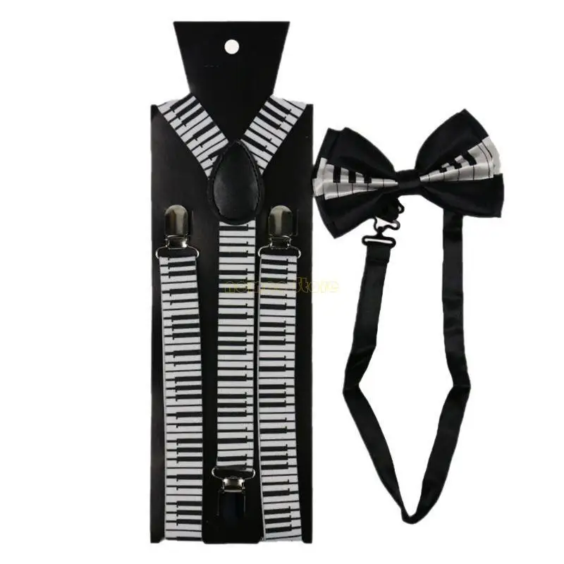 31BF Мужчины Женщины 2 в 1 подтяжечные галстуки набор галстуки Black White Music Notes фортепиано для клавиатуры регулируем