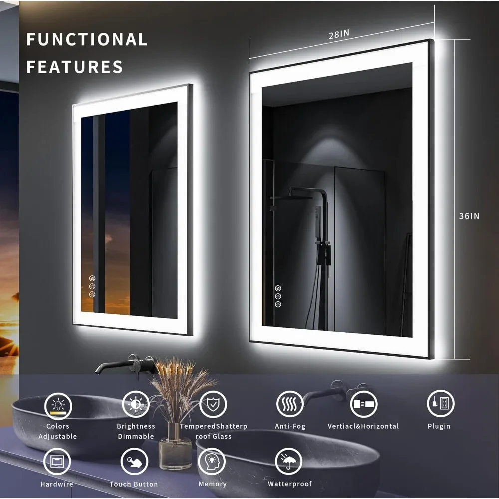 28x36 Bathroom Mirror, Dimmable Vanity with Lights, Backlit and Front Lighted Mirror, Anti-Fog, LED Lighted Bathroom Mirror