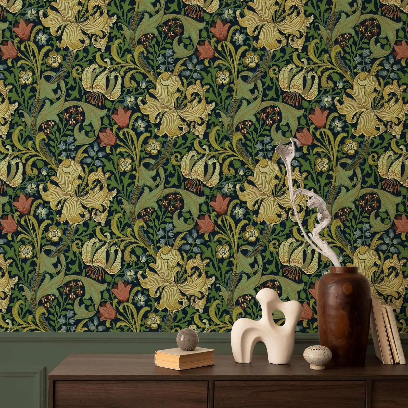 

Golden Lily Wallpaper in dark, William Morris ,Removable Peel and Stick Wallpaper, Non-wowen Wallpaper,Wall Art Paper