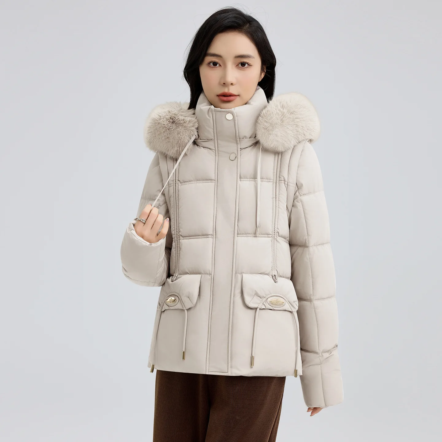 

Women's Hooded Cotton Jacket Autumn/winter Simple Loose Detachable Sleeves Warm Cotton Coat Short Fur-collared Outwear