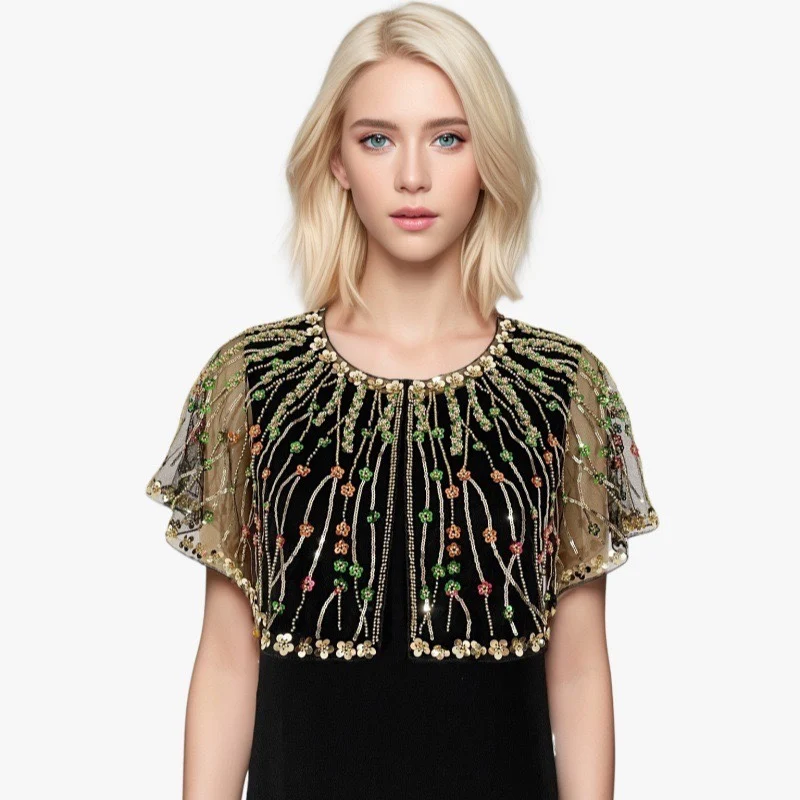 

Элегантная блестящая шаль с пайетками и вырезами, модная, стильная, укороченная верхняя одежда с бисером для женщин