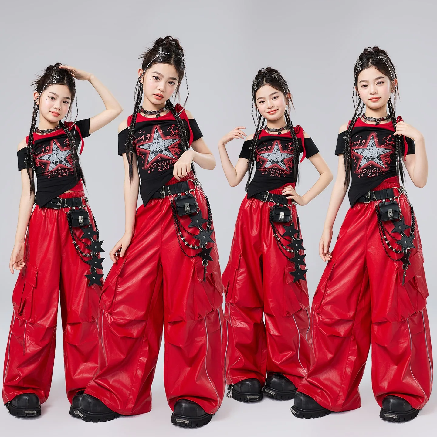 

Girls Hip Hop Dance Costume Jazz Tops Red Leather Pants Modern Dance Performance Clothes Kpop Outfit Rave Wear BL19306BL19306