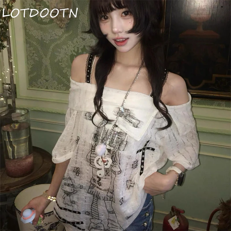 

LOTDOOTN Y2k Aesthetics Off Shoulder Lace Patchwork T-shirts Harajuku Cartoon Printing Loose Tops Grunge Hollow Out Streetwear