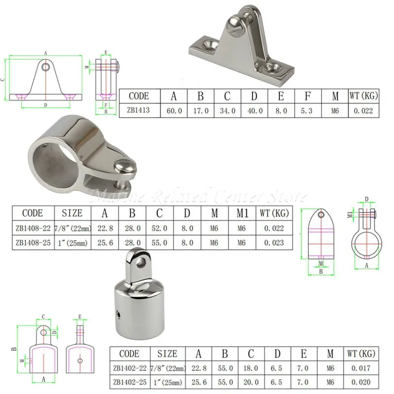 12PCS Boat Accessories Universal 3-Bow Bimini Top 316 Stainless Steel Marine Hardware Set Deck Hinge Jaw Slide Eye End Fitting