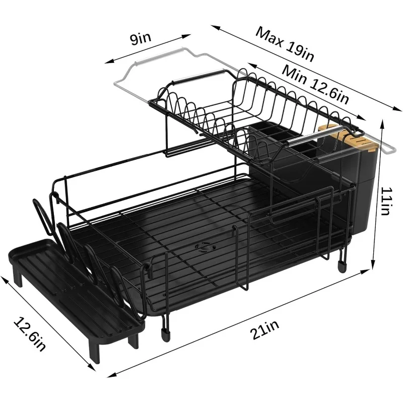 Large Expandable 2-Tier Dish Drying Rack with Drainboard Set, Extendable Dish Drainer with Utensil & Cup Holders, Space-Saving