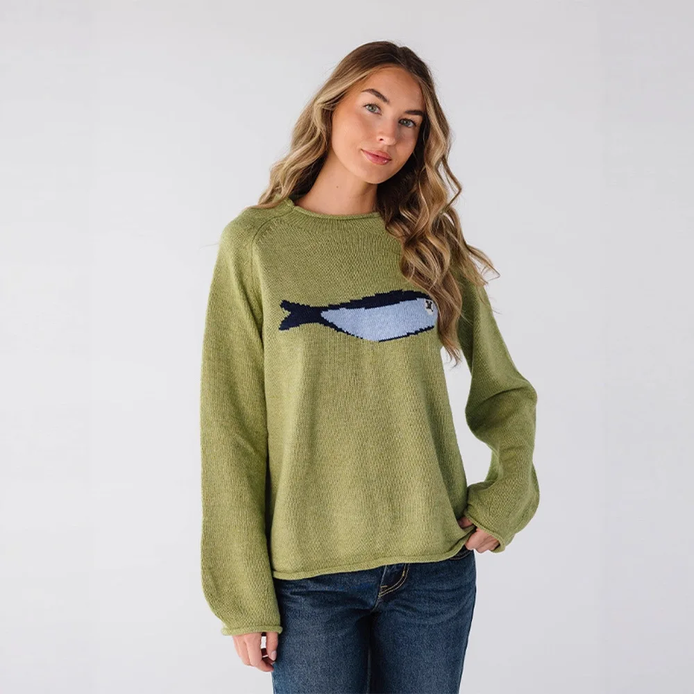 Roll Edge Crew Neck Fish Jacquard Knit Pullover Raglan Long Lantern Sleeve Loose Green Casual Sweater Top Valentine Gift 260602 view 2