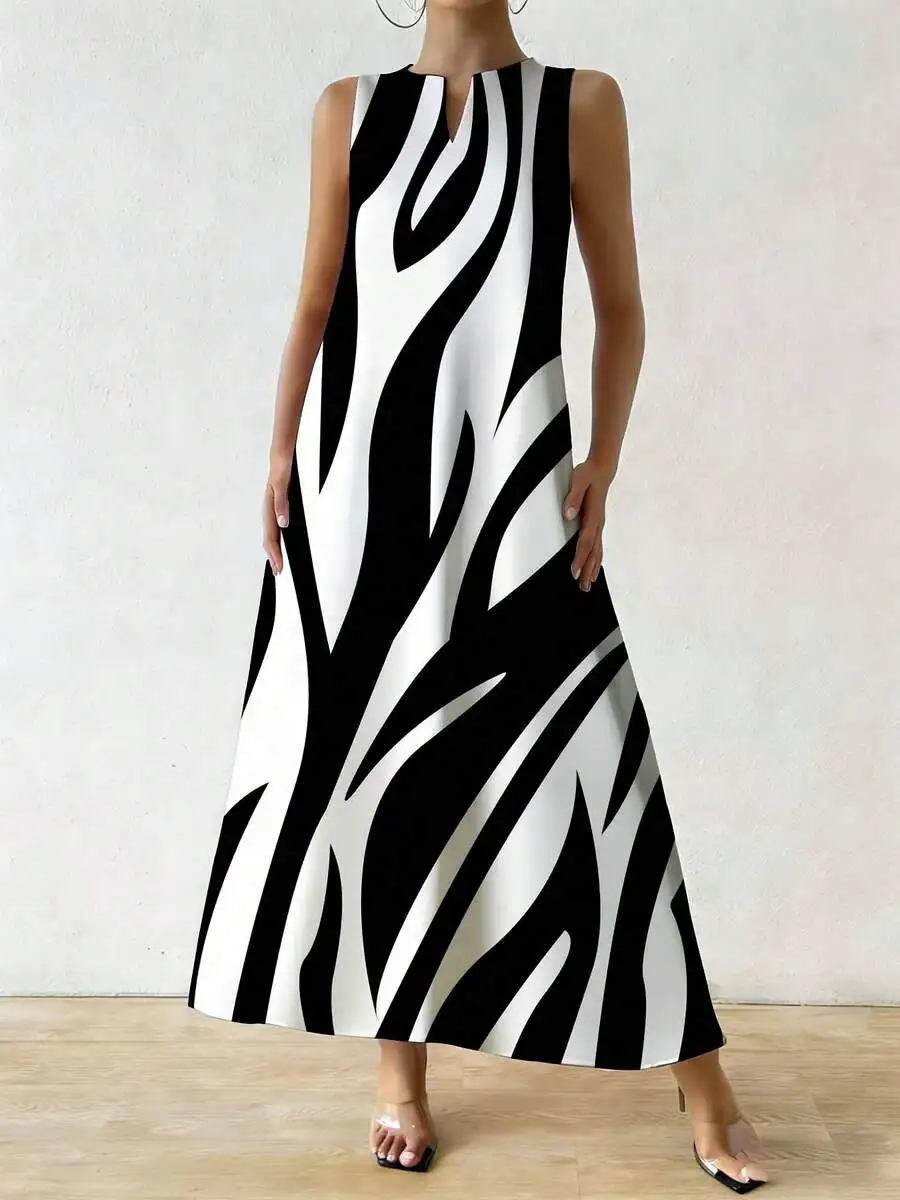 

Women V Neck Sleeveless Zebra Print Maxi Dress Casual Fashion Long Dress