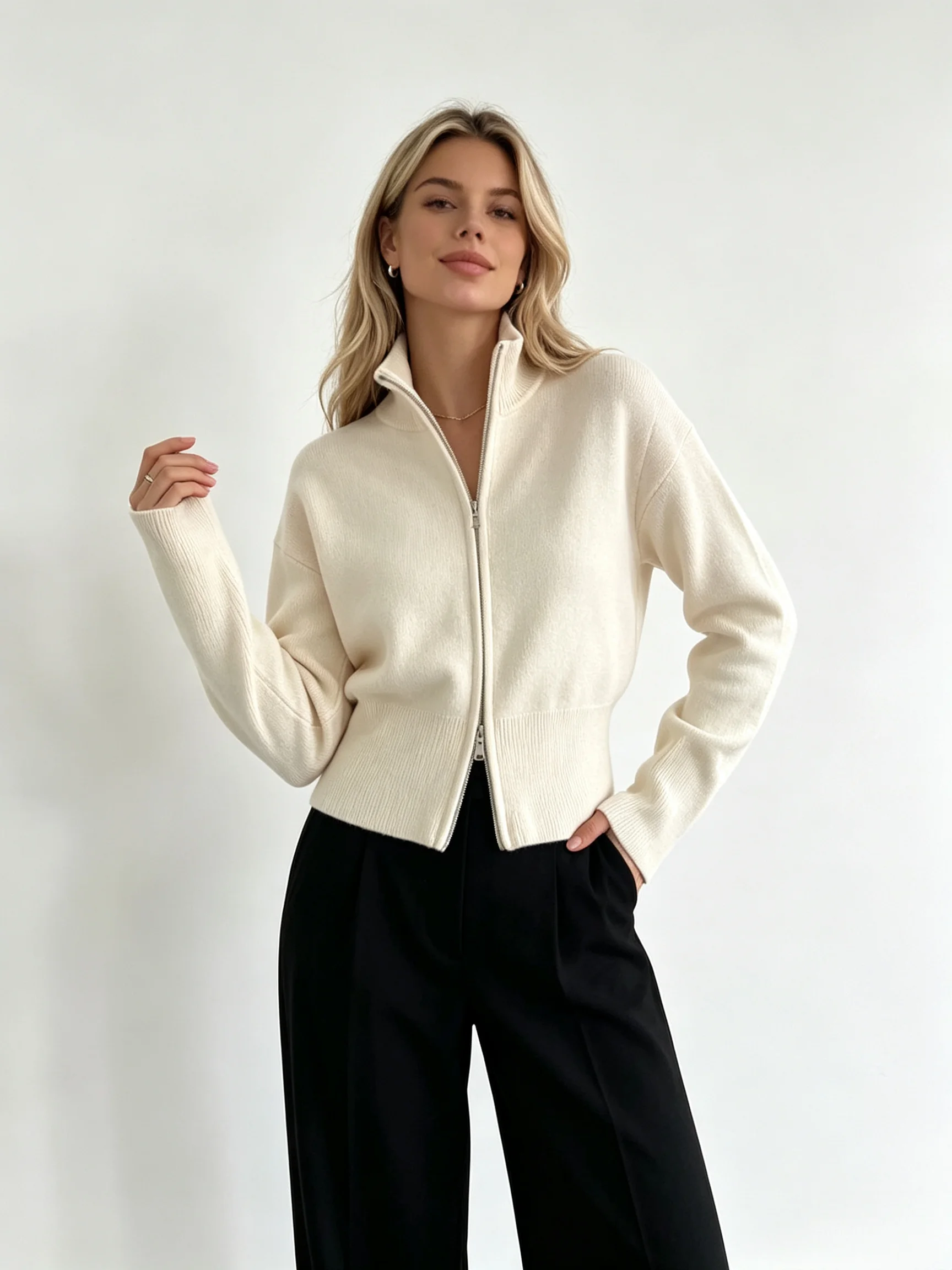 Bornladies Minimalist Women's Zipper Design Cardigan 2026 New Series Slim Fit Ribbed Sweater Suitable for Casual Daily Wear