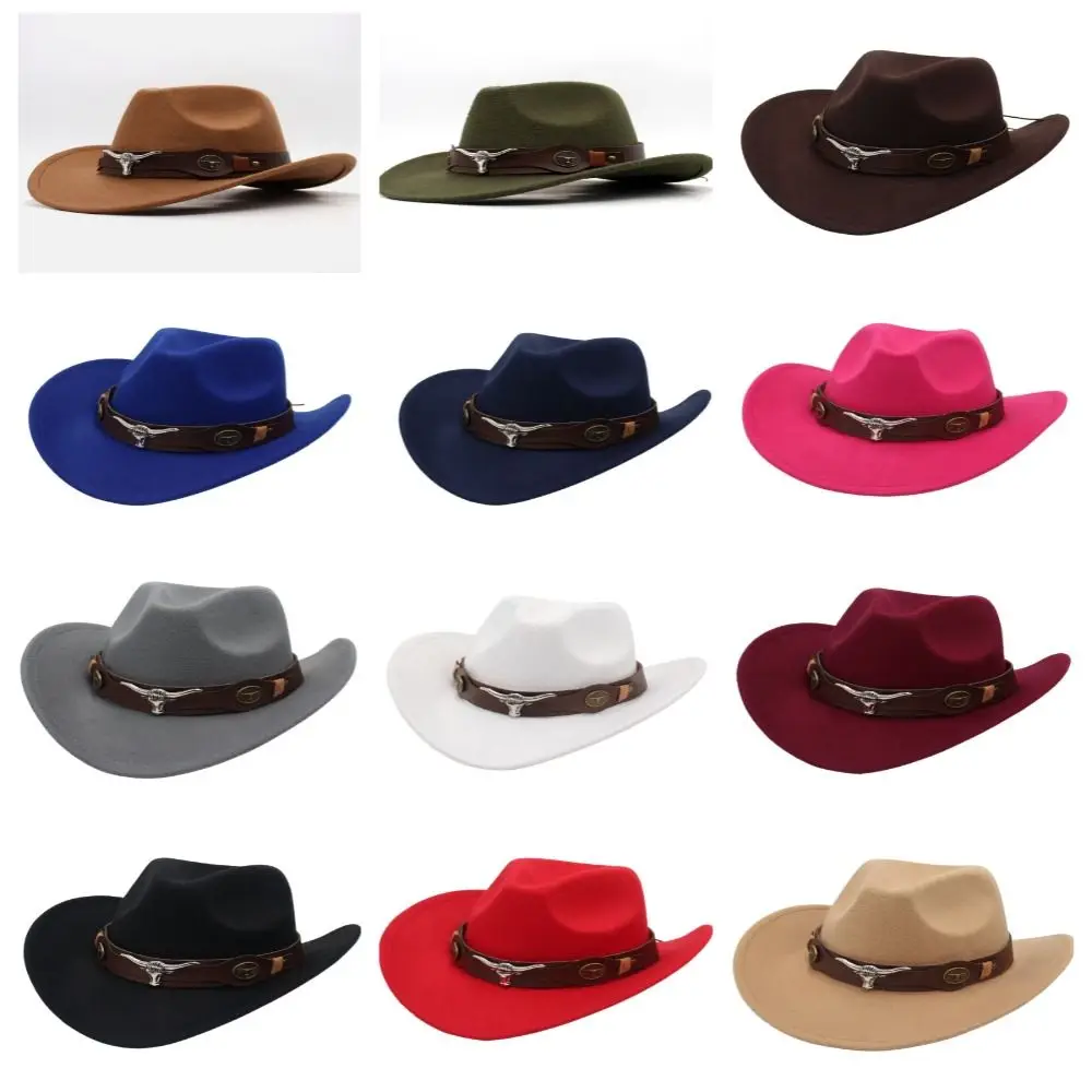 Sombrero de vaquero occidental de lana para caballero, sombrero de Jazz de ala ancha de Color sólido, sombrero de Cosplay de fiesta de borde grande, gorras de ciclismo