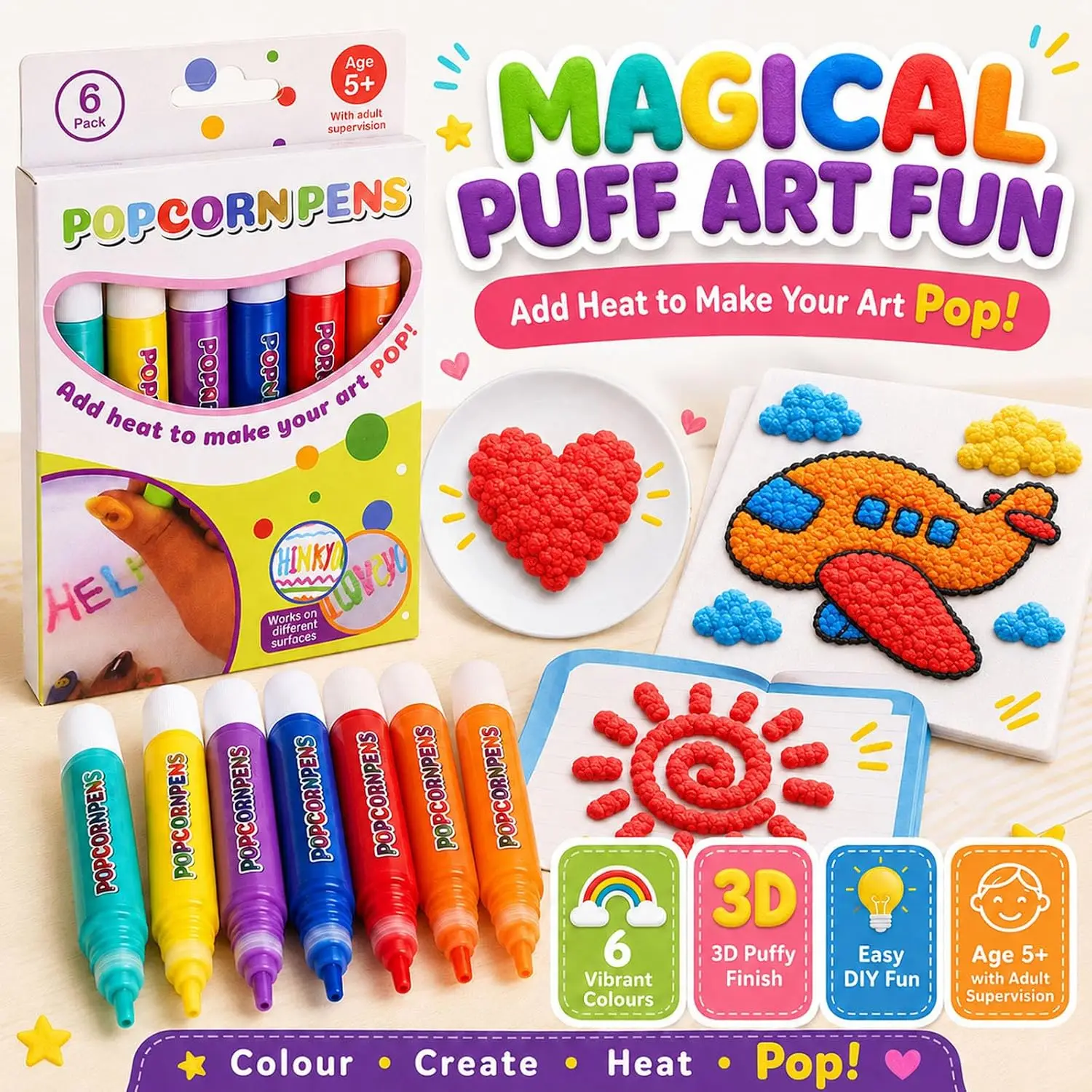Kids Magic Popcorn Pens Heat Up to Puff 3D Art Markers DIY Craft Drawing Pen for Handmade Cards Multi-surface Art Supplies Gift
