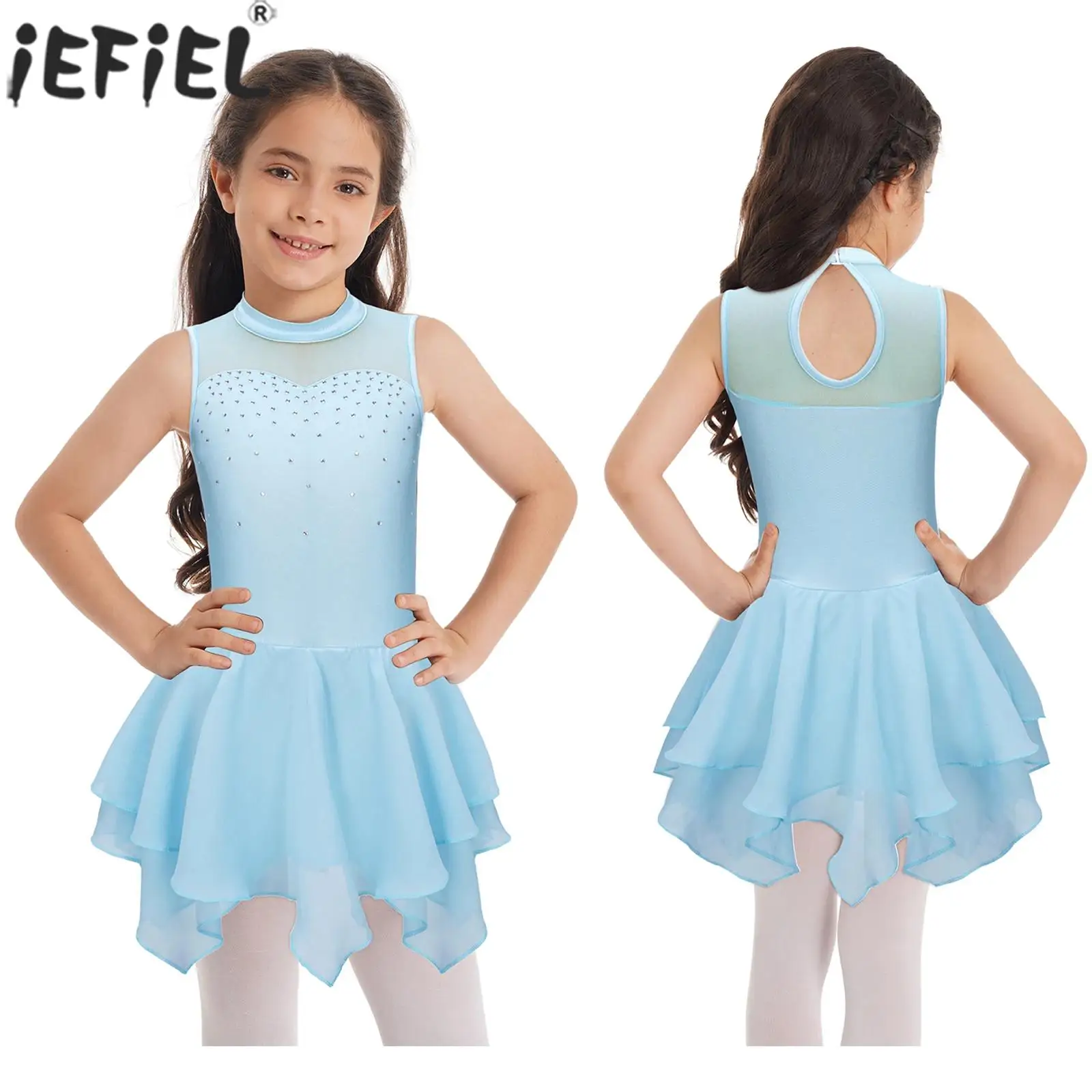 Kids Girls Figure Skating Dress Lyrical Dance Ballet Gymnastics Performance Costume Sleeveless Rhinestone Mesh Leotard Tutu