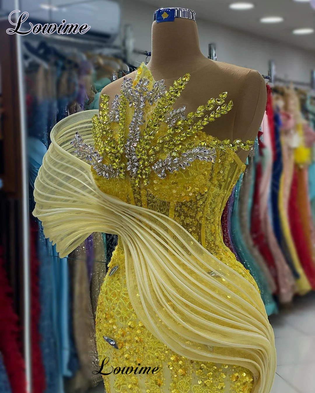 New Fashion Yellow Celebrity Dresses For Women Beaded Sparkly Prom Dresses Mermaid Vestidos De Gala Crystals Evening Gowns