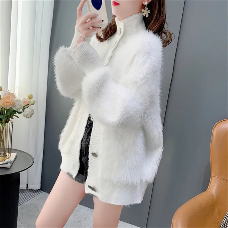 #4310 White Pink Khaki Mink Cashmere Cardigan Coat Women Stand Collar Warm Knitted Mohair Cardigan Female Slim Single Breasted