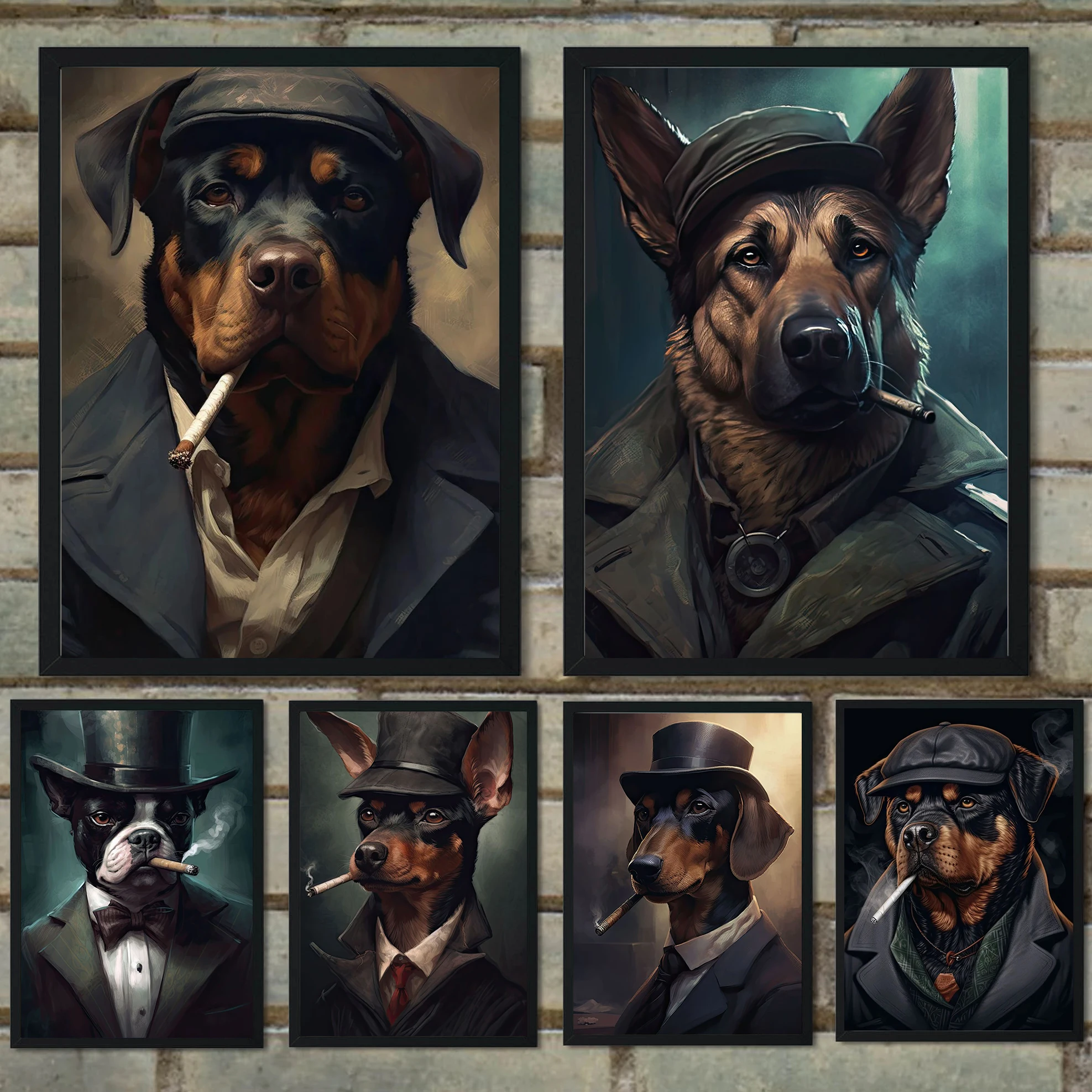 DetectiveTeddy Smoking Dog Doberman  Rottweiler Posters and Prints Canvas Painting Wall Art Pictures for Living Room Home Decor