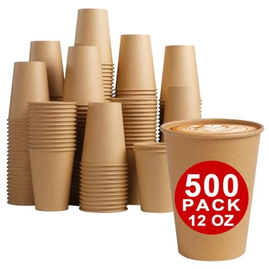 

500 Count 12 oz Kraft Paper Cups Disposable Hot/Cold Paper Coffee Cups 12 oz Beverages Cups Water Cups for Party Picnic Travel